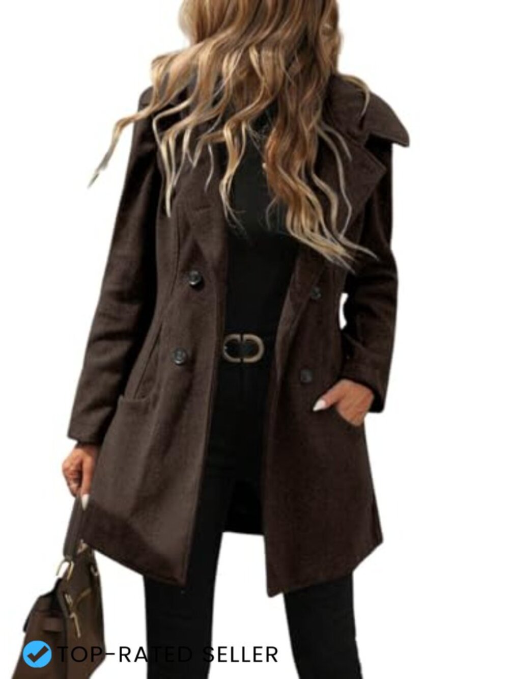 Double Breasted Hooded Wool Blend Coat Notch Collar Trench Peacoat